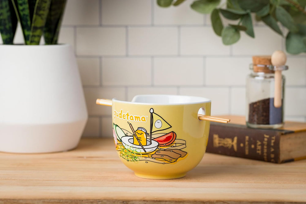 Sanrio Hello Kitty and Friends Gudetama Lazy Egg Sailing In Ramen Ceramic Bowl with Chopsticks 20oz