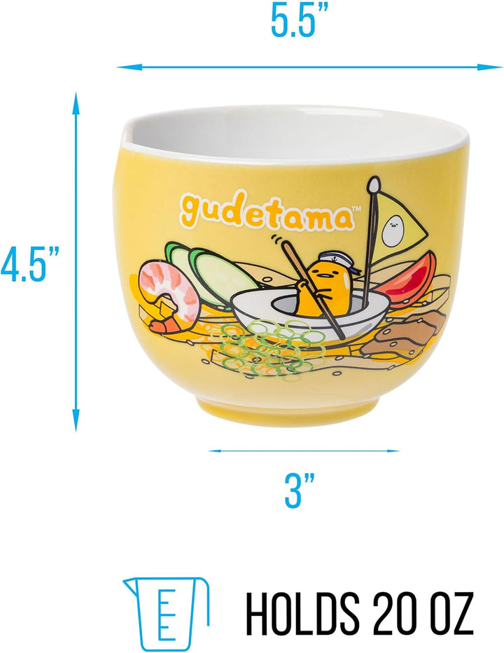 Sanrio Hello Kitty and Friends Gudetama Lazy Egg Sailing In Ramen Ceramic Bowl with Chopsticks 20oz