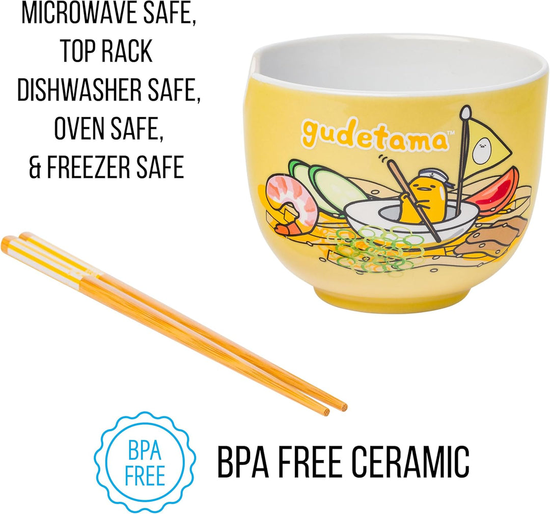 Sanrio Hello Kitty and Friends Gudetama Lazy Egg Sailing In Ramen Ceramic Bowl with Chopsticks 20oz