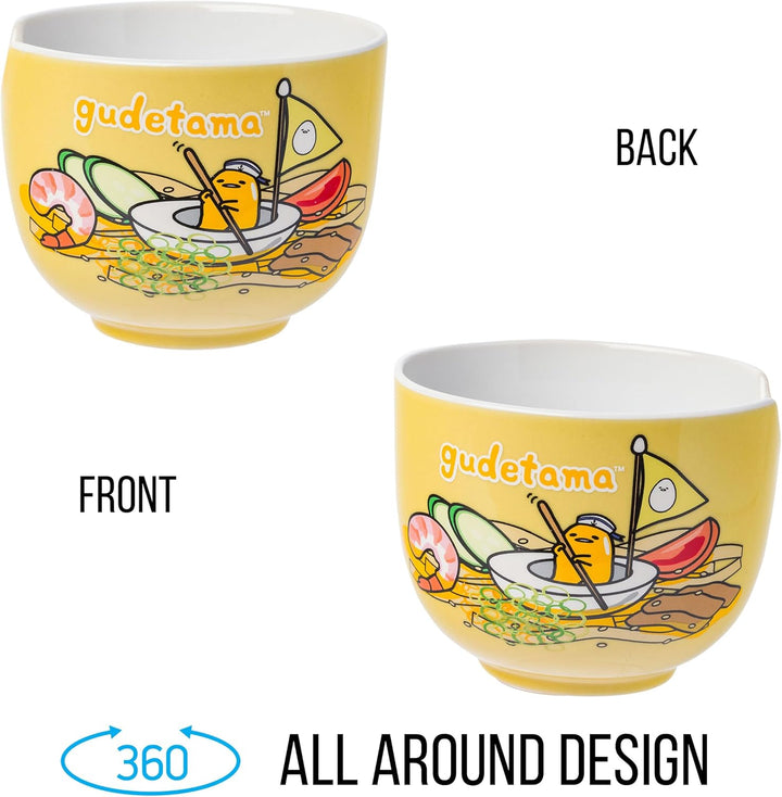 Sanrio Hello Kitty and Friends Gudetama Lazy Egg Sailing In Ramen Ceramic Bowl with Chopsticks 20oz