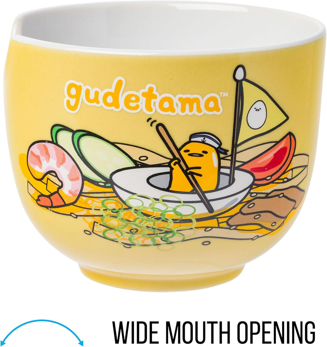 Sanrio Hello Kitty and Friends Gudetama Lazy Egg Sailing In Ramen Ceramic Bowl with Chopsticks 20oz