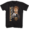 Hunger Games - Finnick Vertical Text - American Classics - Solid Black Adult Short Sleeve T-Shirt
