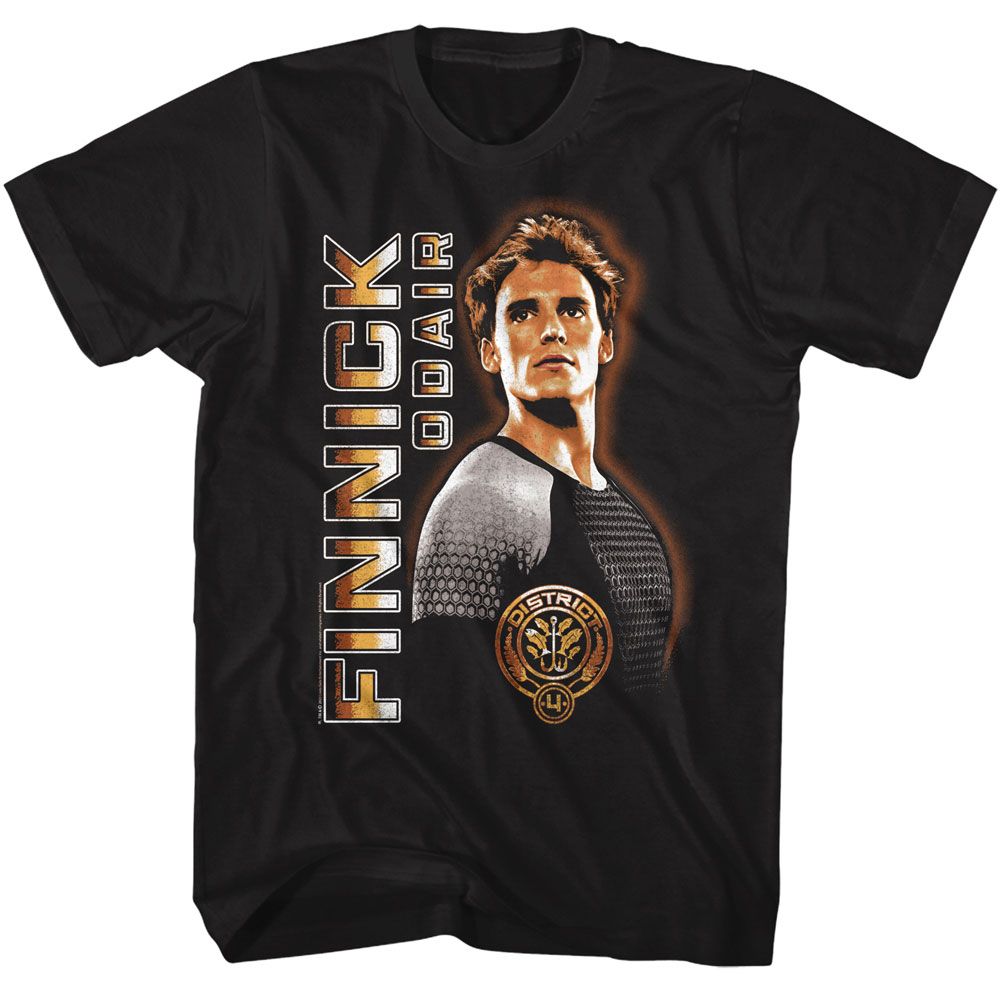 Hunger Games - Finnick Vertical Text - American Classics - Solid Black Adult Short Sleeve T-Shirt