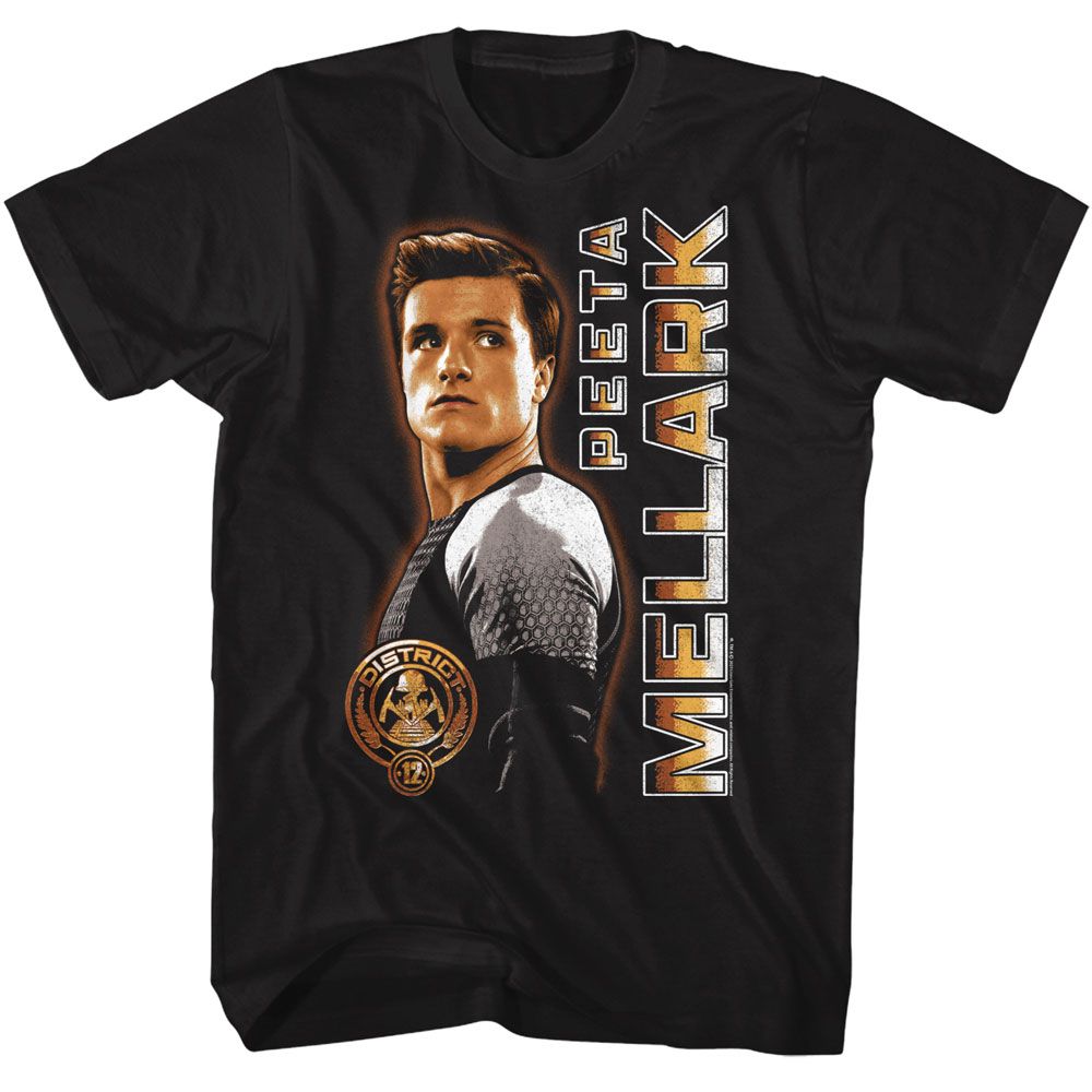 Hunger Games - Peeta Vertical Text - American Classics - Solid Black Adult Short Sleeve T-Shirt