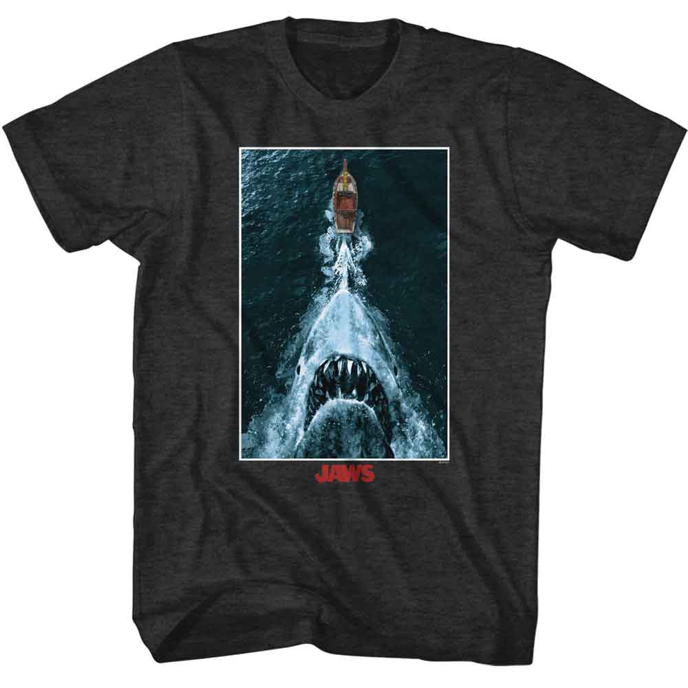 Jaws - Shark Chasing Boat Poster - American Classics - Black Heather Adult Short Sleeve T-Shirt