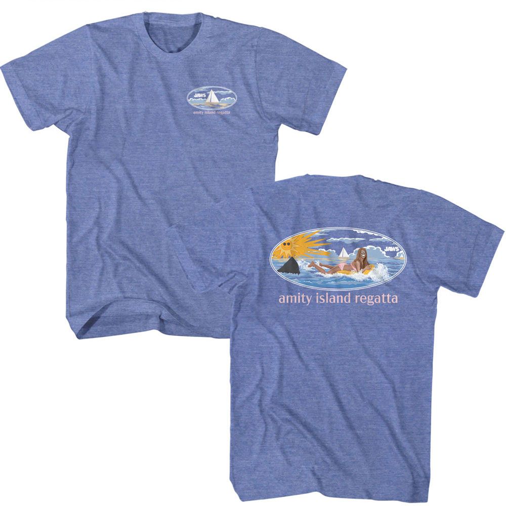 Jaws - Girl On Float - American Classics - Heather Blue Adult Short Sleeve T-Shirt