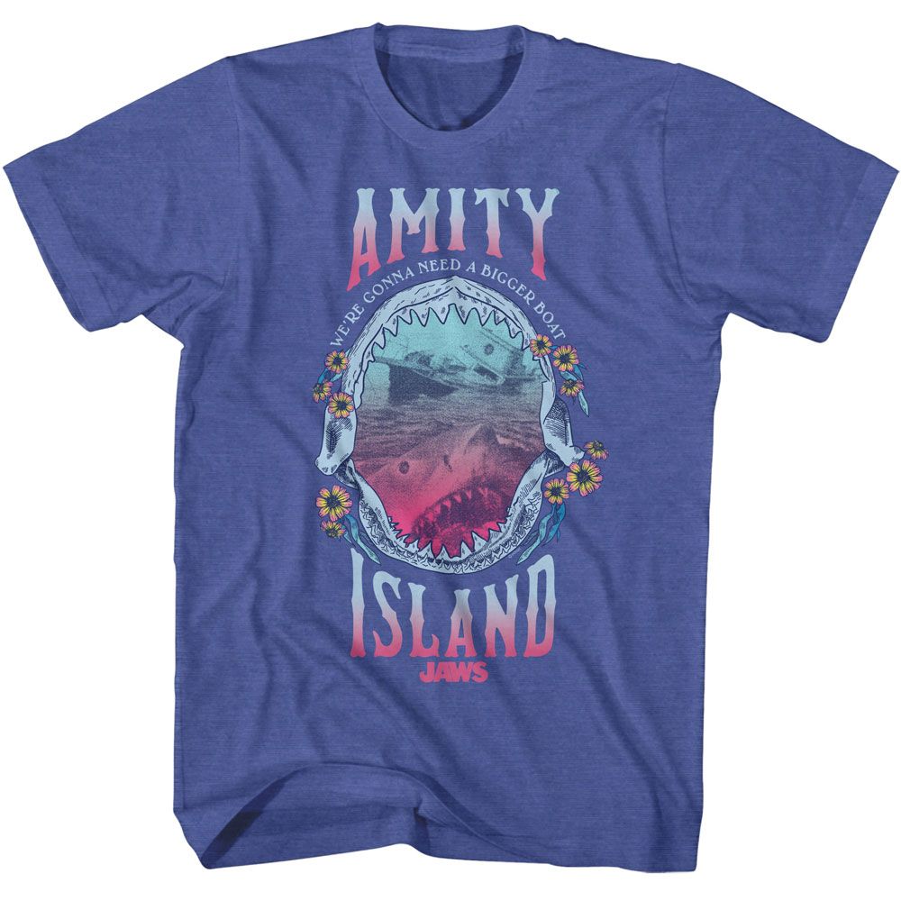 Jaws - Shark Teeth And Floral - American Classics - Heather Blue Adult Short Sleeve T-Shirt