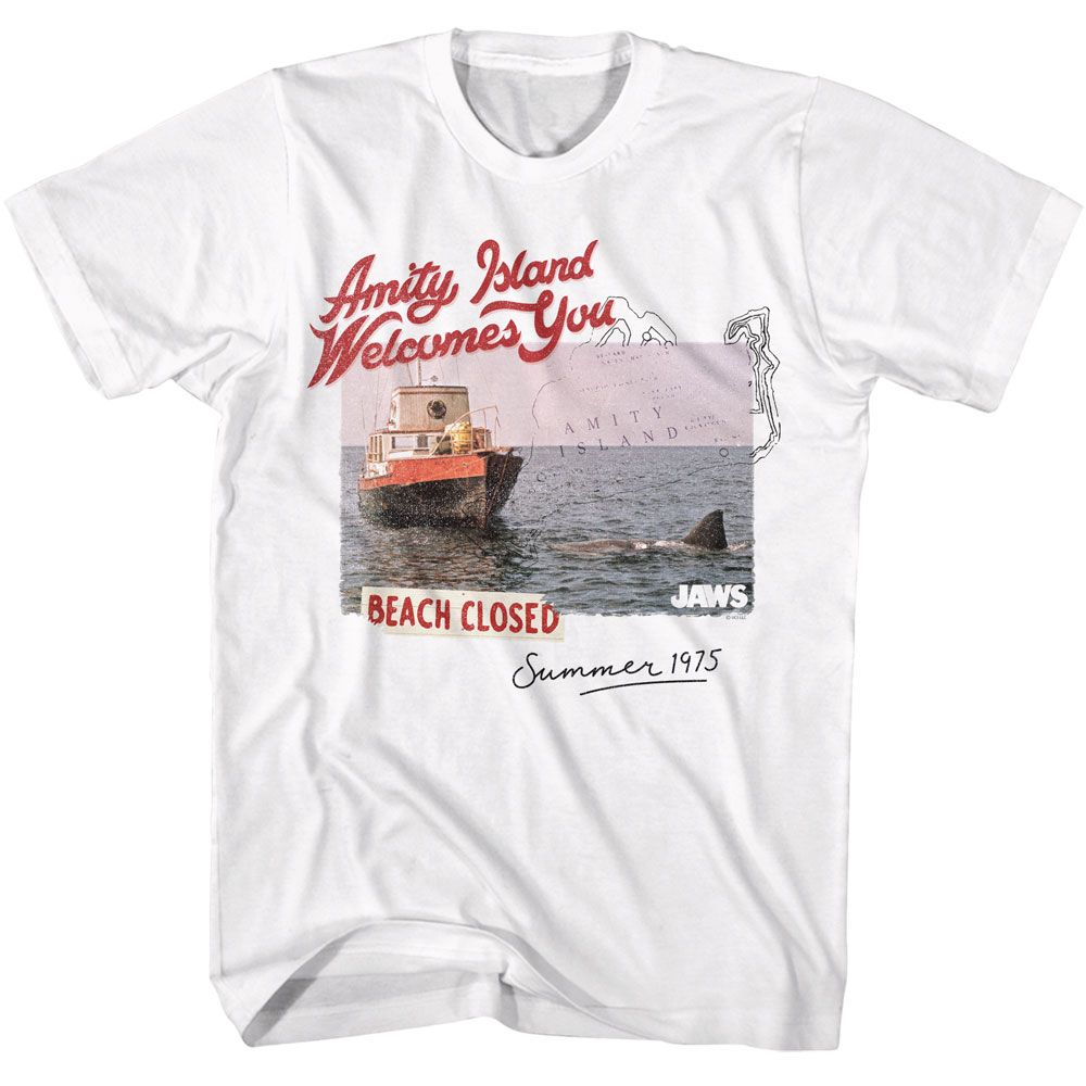 Jaws - Beach Closed Summer 1975 - American Classics - Solid White Adult Short Sleeve T-Shirt