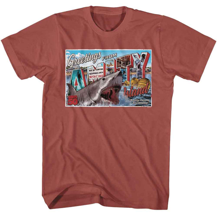 Jaws - Amity Island Postcard - Officially Licensed American Classics - Front Print Solid Adult Short Sleeve T-Shirt