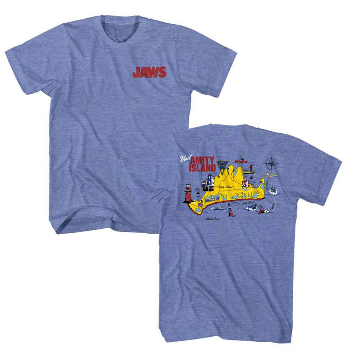 Jaws - Amity Island Map - Officially Licensed American Classics - Front & Back Print Heather Adult Short Sleeve T-Shirt