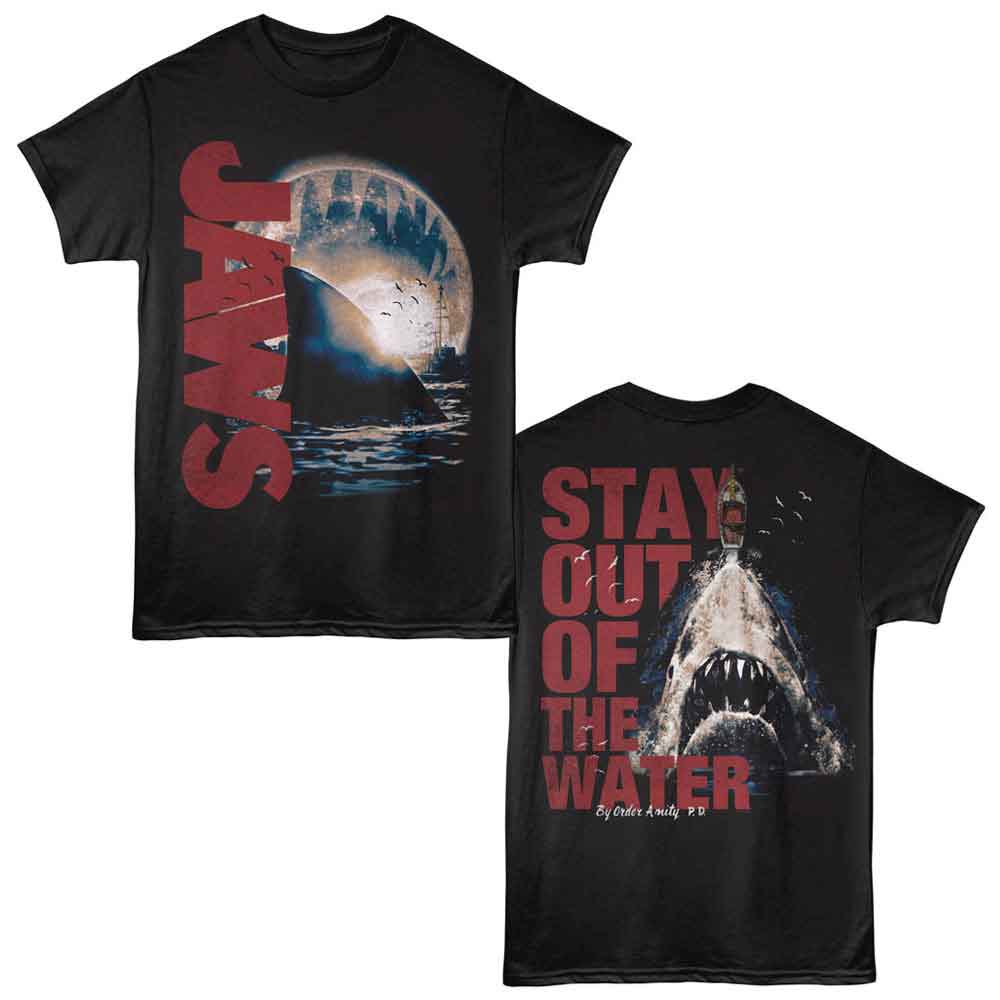 Jaws - Stay Out Of The Water - 2-Sided Print Adult Short Sleeve Solid T-Shirt - Black