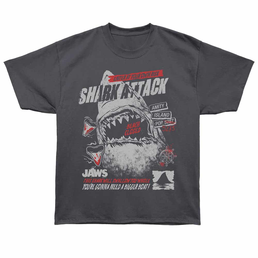 Jaws - Shark Attack - Bronx Oversized Short Sleeve T-Shirt - Front Print - Gray