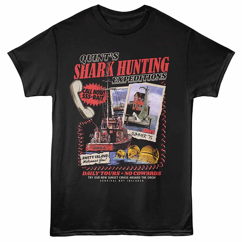 Jaws - Shark Expeditions - Front Print Adult Short Sleeve Solid T-Shirt - Black