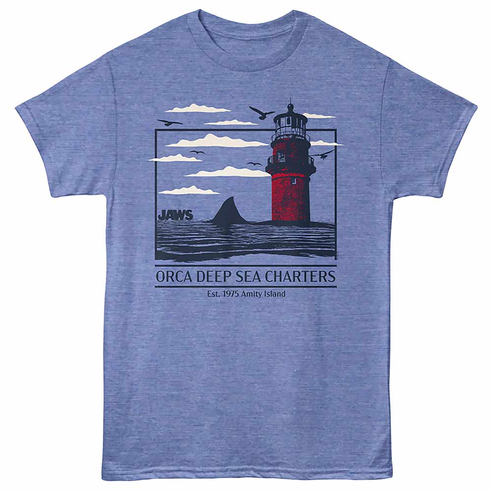 Jaws - Orca Deep Sea Charters - Front Print Adult Short Sleeve Heather T-Shirt - Light Blue Heather