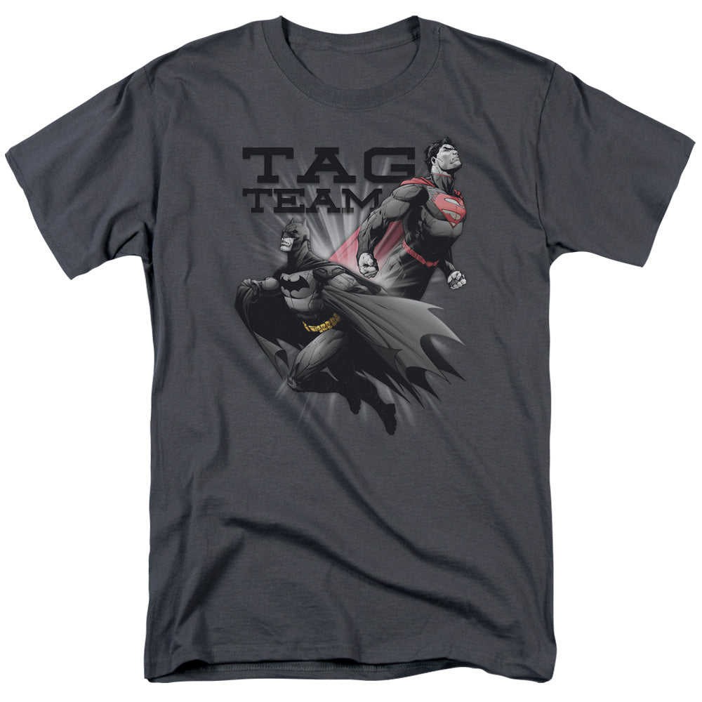 DC Comics - Justice League - Tag Team - Adult Unisex Short Sleeve T-Shirt - Gray