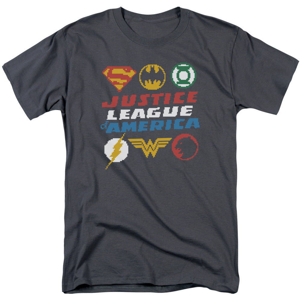 DC Comics - Justice League - Pixel Logos - Adult Unisex T-Shirt - Gray