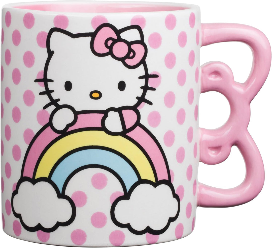 Sanrio Hello Kitty Rainbow Dots 3D Sculpted Shaped Handle Ceramic Mug 20oz