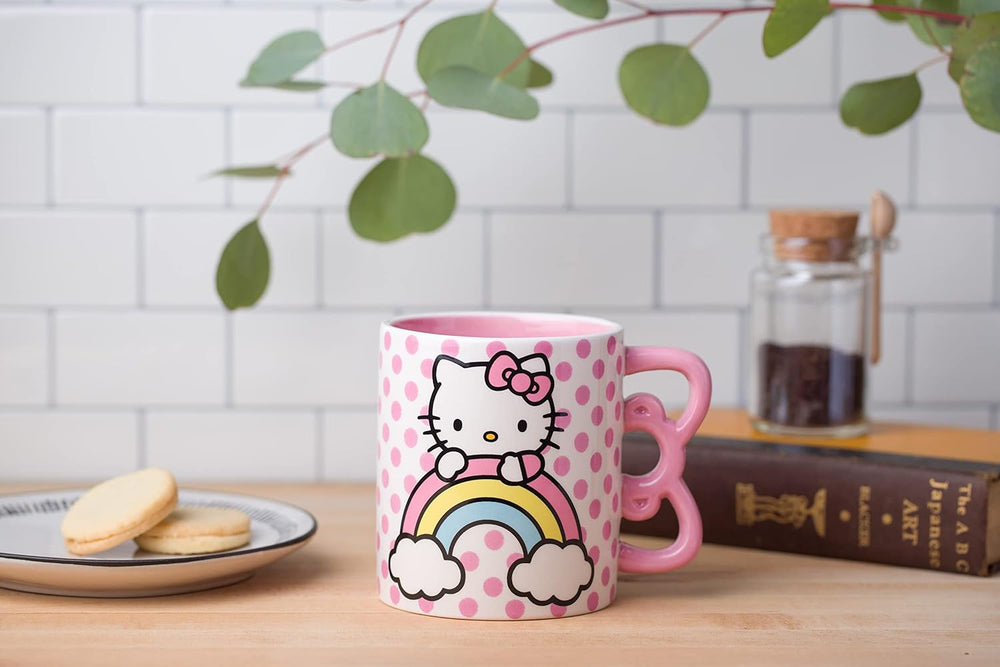 Sanrio Hello Kitty Rainbow Dots 3D Sculpted Shaped Handle Ceramic Mug 20oz