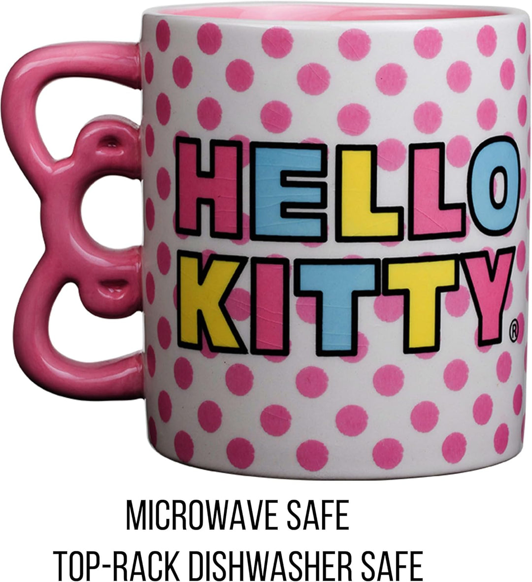 Sanrio Hello Kitty Rainbow Dots 3D Sculpted Shaped Handle Ceramic Mug 20oz