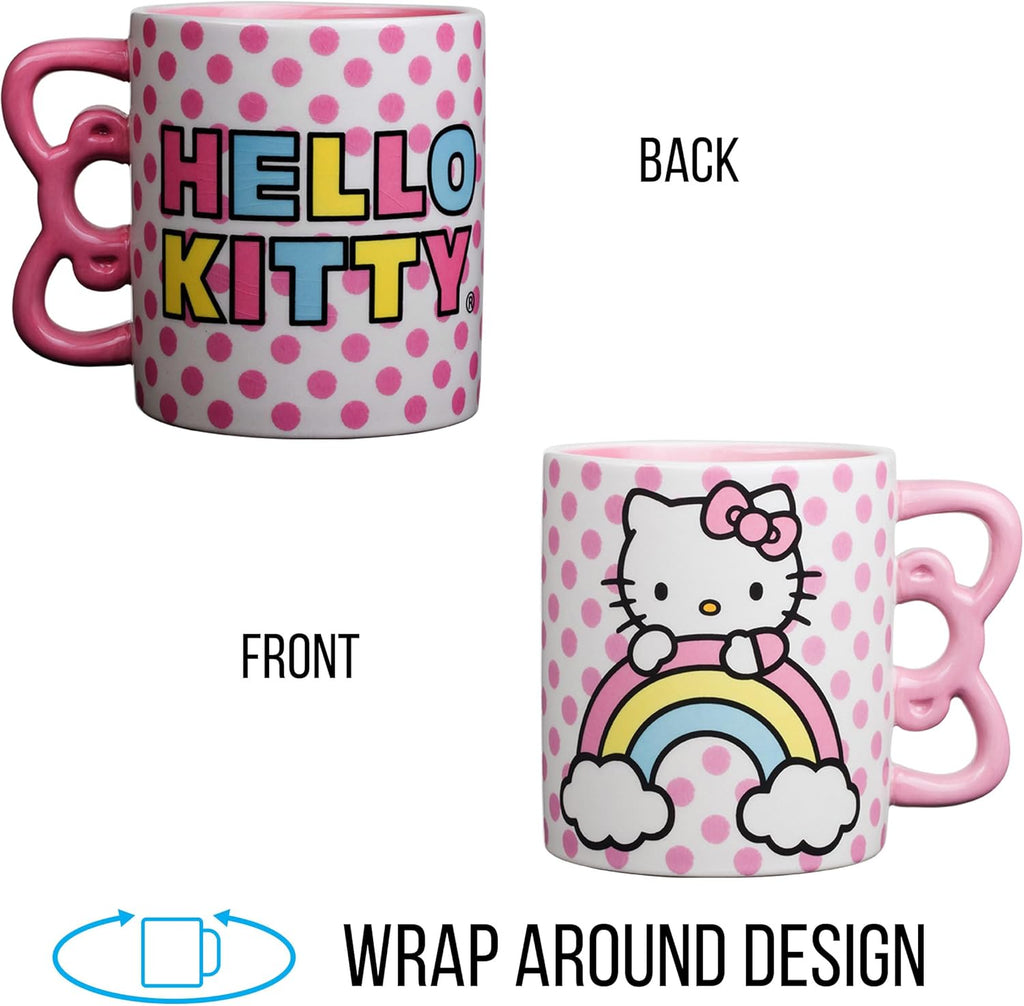 Sanrio Hello Kitty Rainbow Dots 3D Sculpted Shaped Handle Ceramic Mug 20oz