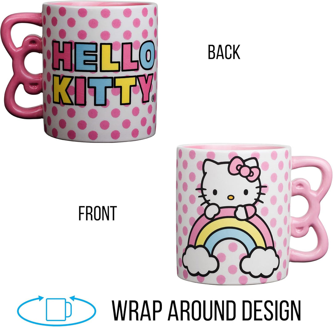 Sanrio Hello Kitty Rainbow Dots 3D Sculpted Shaped Handle Ceramic Mug 20oz