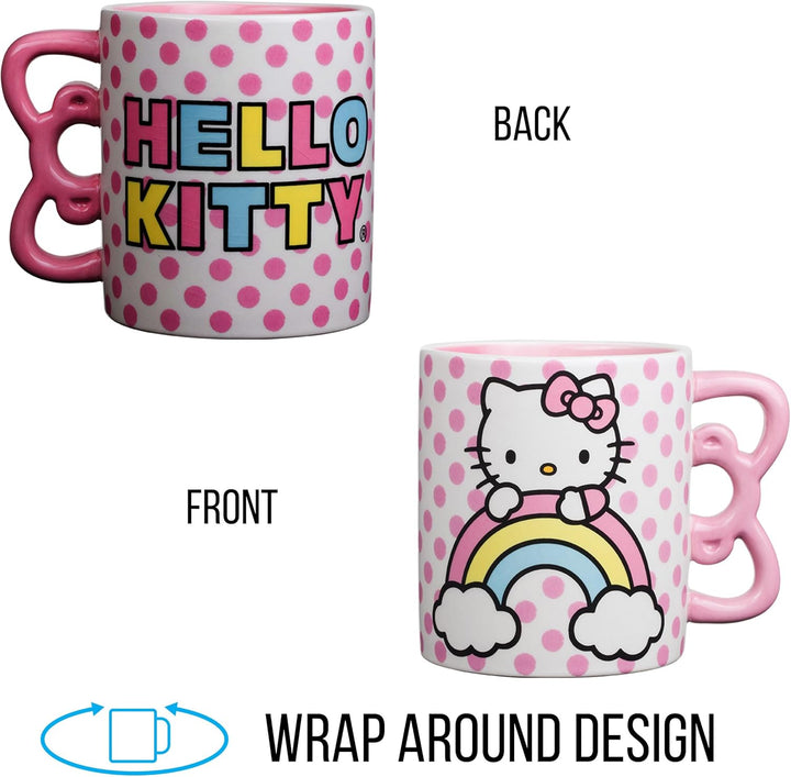 Sanrio Hello Kitty Rainbow Dots 3D Sculpted Shaped Handle Ceramic Mug 20oz