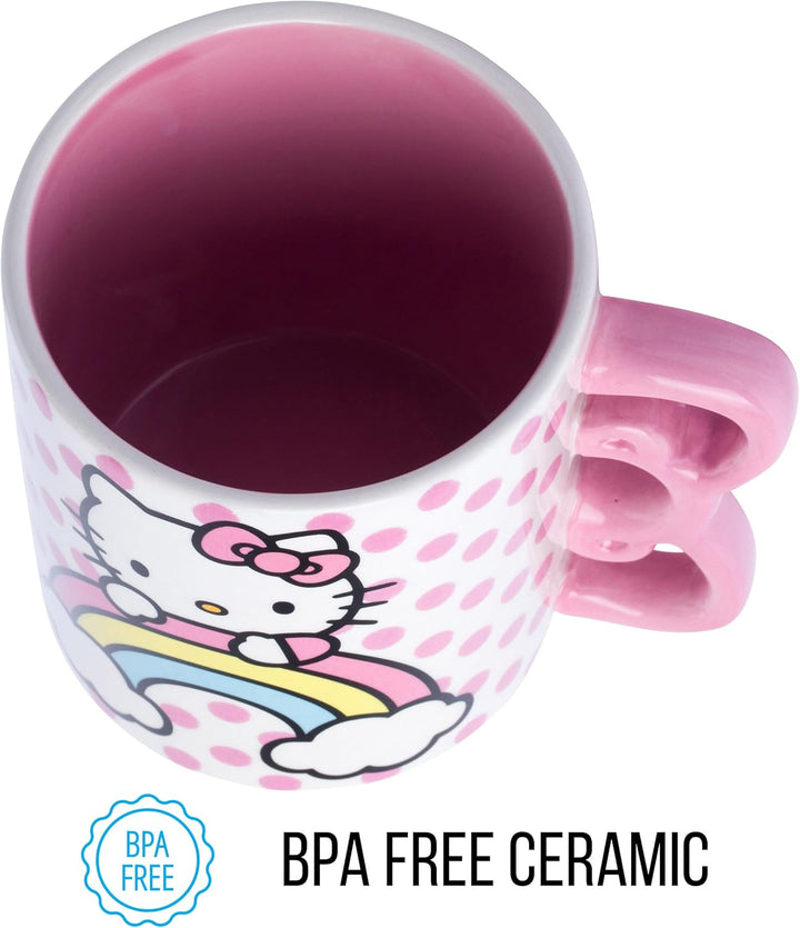 Sanrio Hello Kitty Rainbow Dots 3D Sculpted Shaped Handle Ceramic Mug 20oz