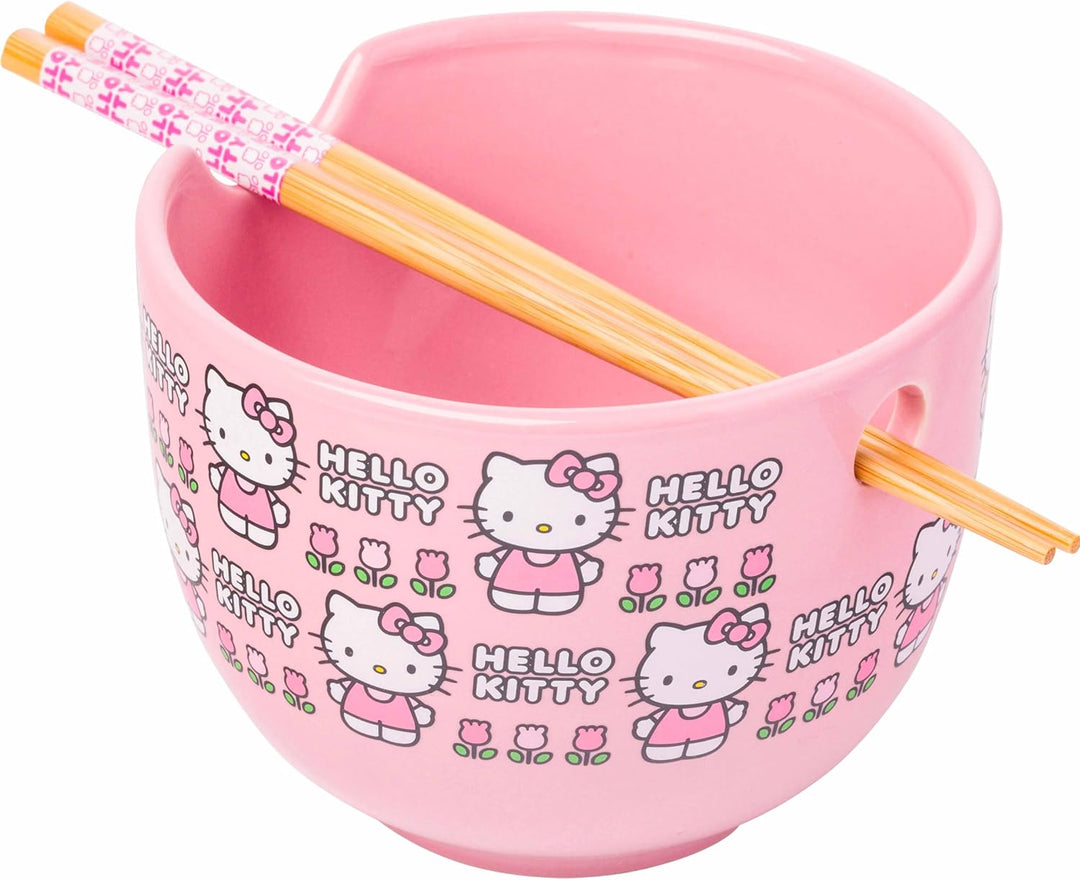 Sanrio Hello Kitty Face and Standing Logo Pattern Bowl with Chopsticks 20 Ounces