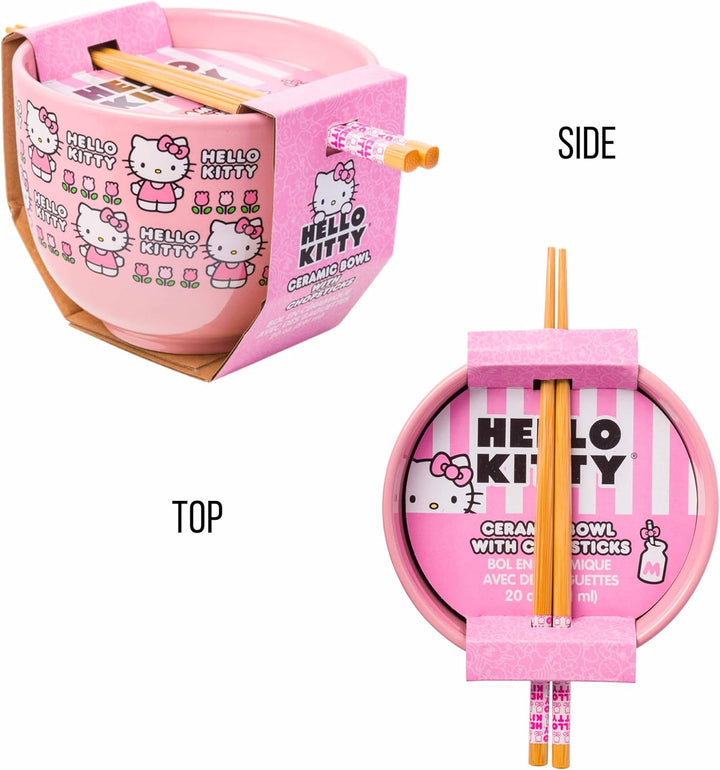 Sanrio Hello Kitty Face and Standing Logo Pattern Bowl with Chopsticks 20 Ounces