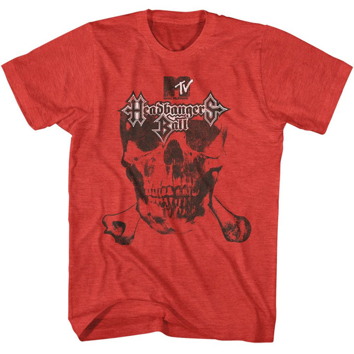 MTV - Headbangers Ball Logo Skull And Bones - American Classics - Heather Red Adult Short Sleeve T-Shirt