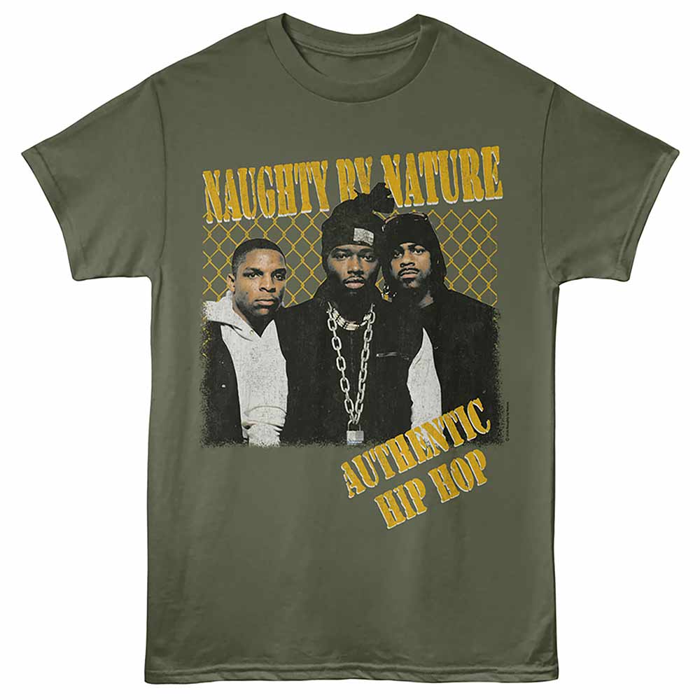 Naughty By Nature - Authentic Hip Hop - Front Print Adult Short Sleeve Solid T-Shirt - Military Green