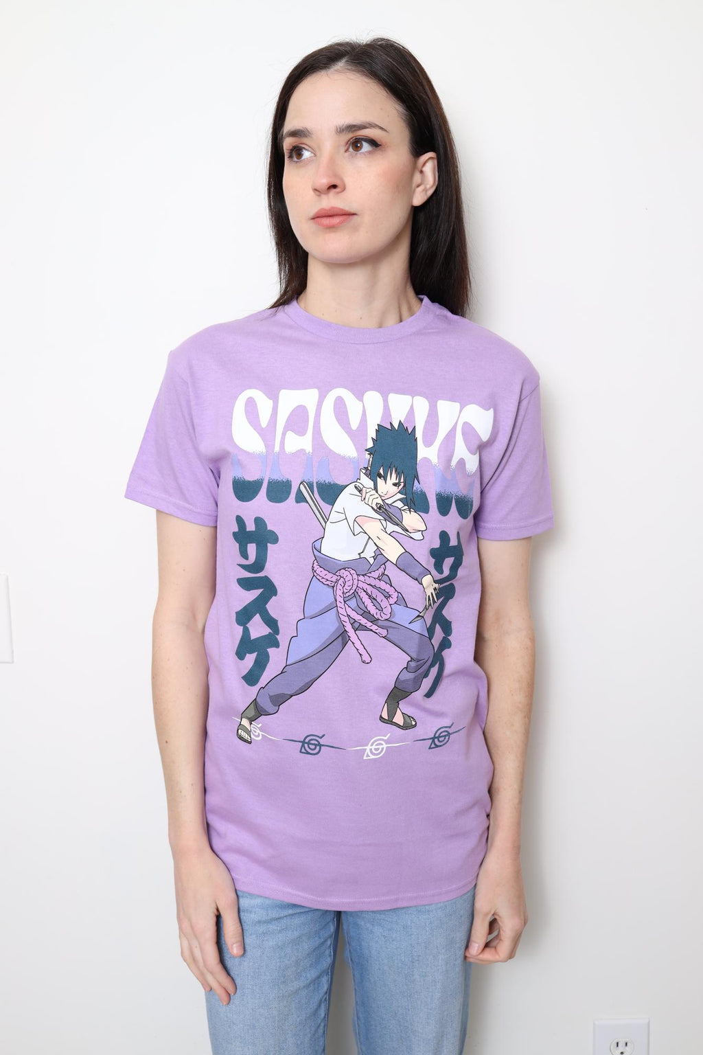 Naruto Shippuden Fighting Stance Sasuke With Name Adult T-Shirt