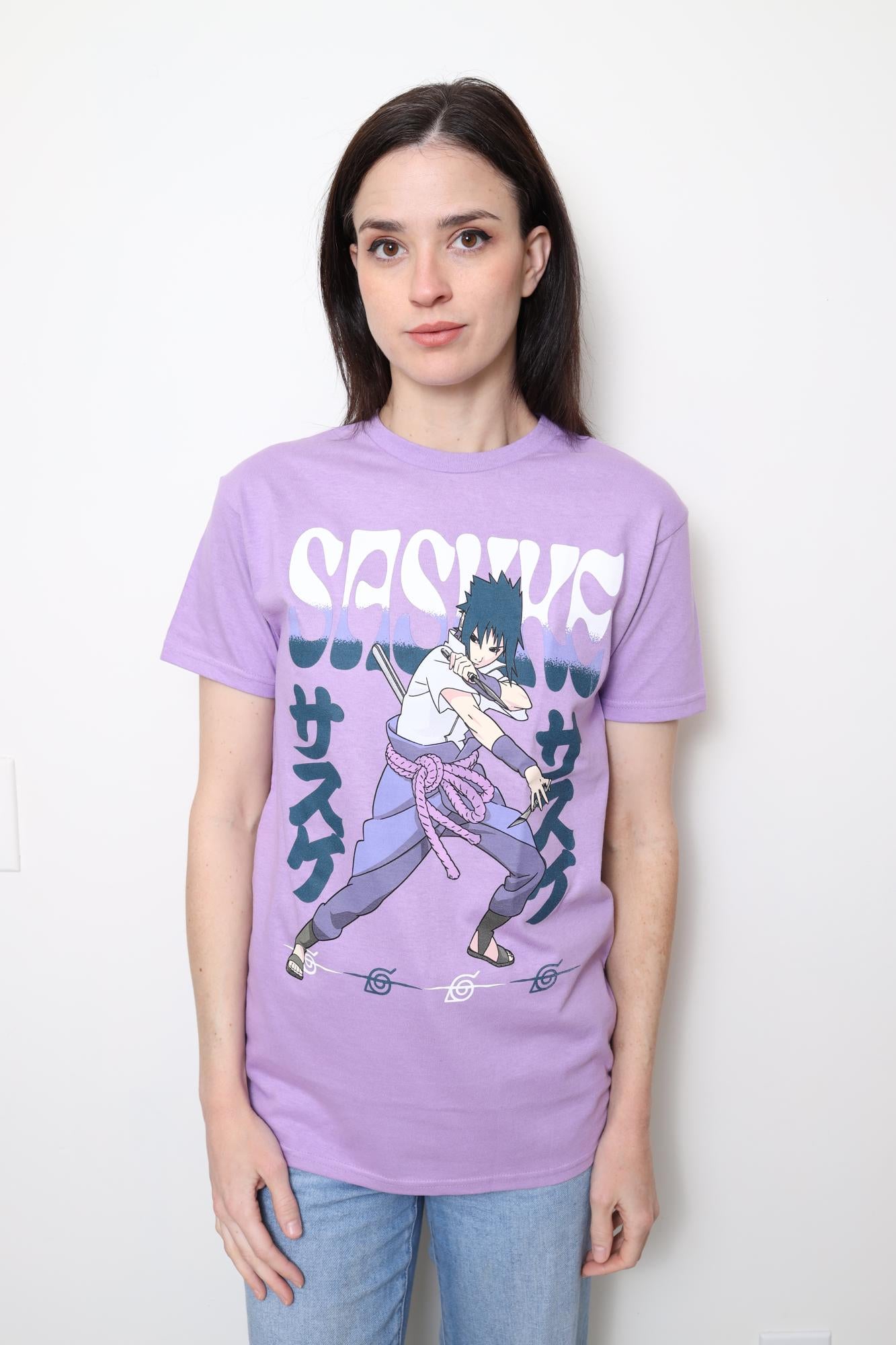 Naruto Shippuden Fighting Stance Sasuke With Name Adult T-Shirt