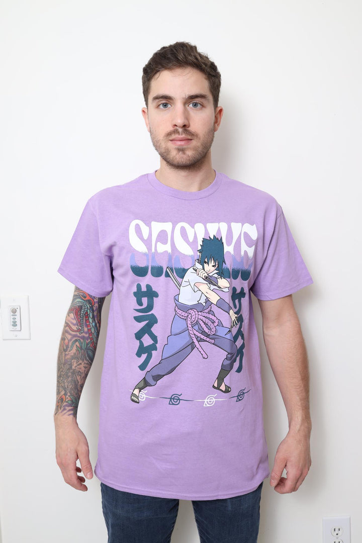 Naruto Shippuden Fighting Stance Sasuke With Name Adult T-Shirt