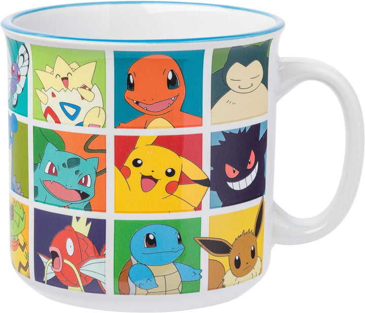 Nintendo Pokemon Bulbasaur Squirtle Snorlax Pikachu Eevee & More Grid Ceramic Camper Mug 20 Ounces