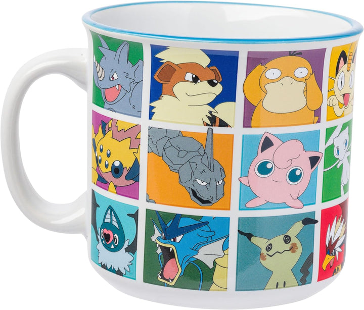 Nintendo Pokemon Bulbasaur Squirtle Snorlax Pikachu Eevee & More Grid Ceramic Camper Mug 20 Ounces