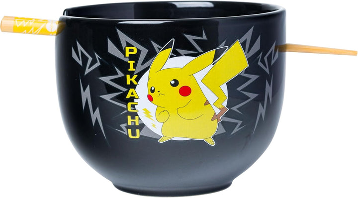 Pokemon Pikachu Black Ceramic Ramen Noodle Rice Bowl with Chopsticks 20 Ounces
