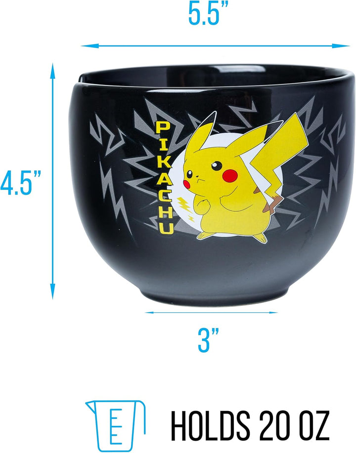 Pokemon Pikachu Black Ceramic Ramen Noodle Rice Bowl with Chopsticks 20 Ounces