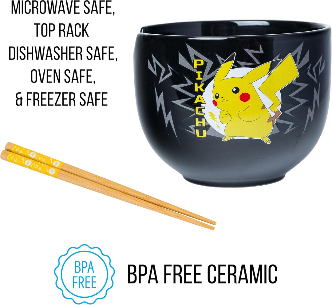 Pokemon Pikachu Black Ceramic Ramen Noodle Rice Bowl with Chopsticks 20 Ounces