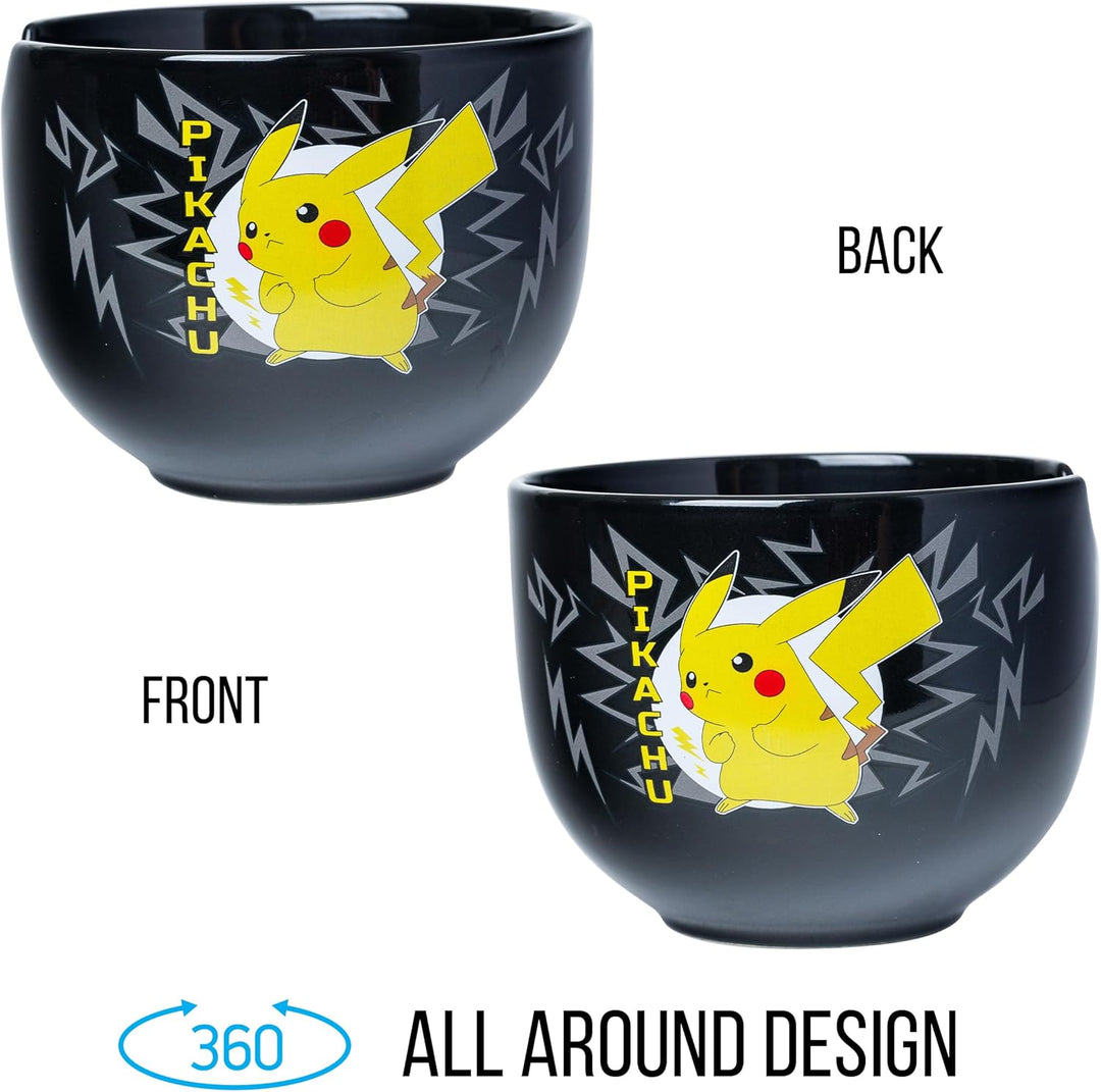 Pokemon Pikachu Black Ceramic Ramen Noodle Rice Bowl with Chopsticks 20 Ounces