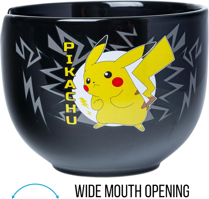 Pokemon Pikachu Black Ceramic Ramen Noodle Rice Bowl with Chopsticks 20 Ounces