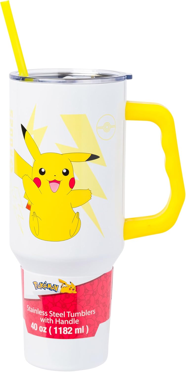 Pokemon Pikachu Stainless Steel Tumbler with Handle Fits in Standard Cup Holder 40 Ounces