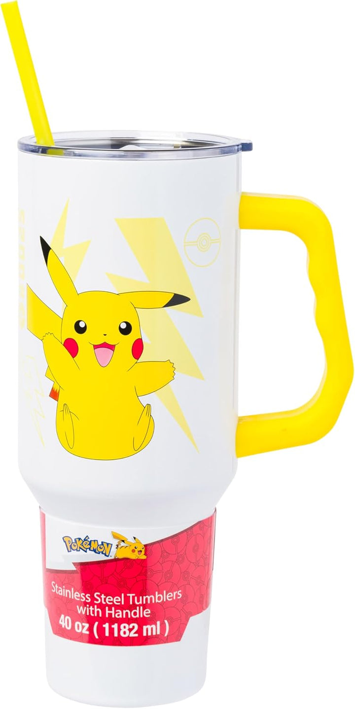 Pokemon Pikachu Stainless Steel Tumbler with Handle Fits in Standard Cup Holder 40 Ounces