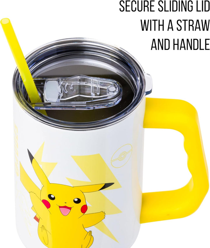 Pokemon Pikachu Stainless Steel Tumbler with Handle Fits in Standard Cup Holder 40 Ounces