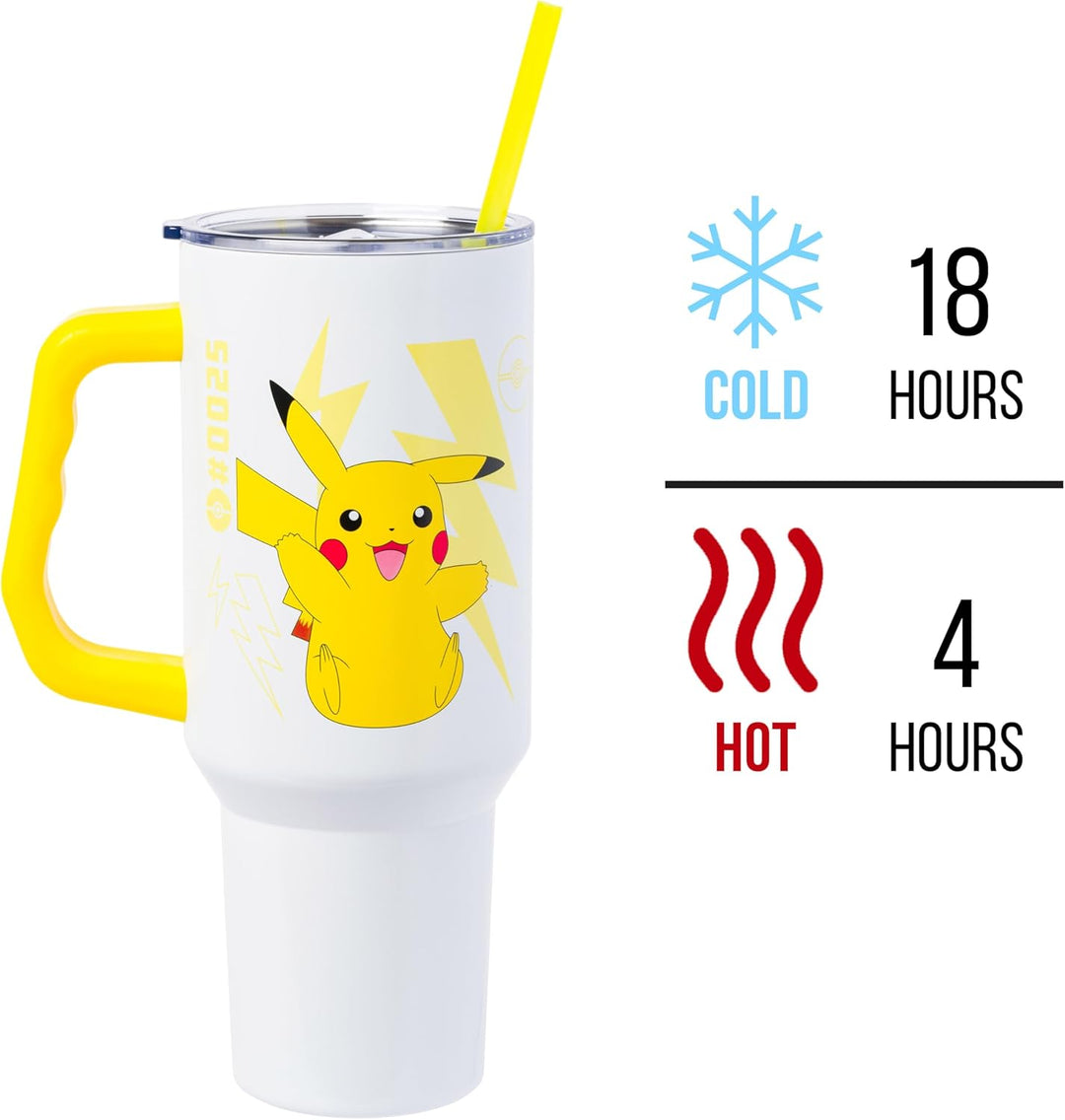 Pokemon Pikachu Stainless Steel Tumbler with Handle Fits in Standard Cup Holder 40 Ounces