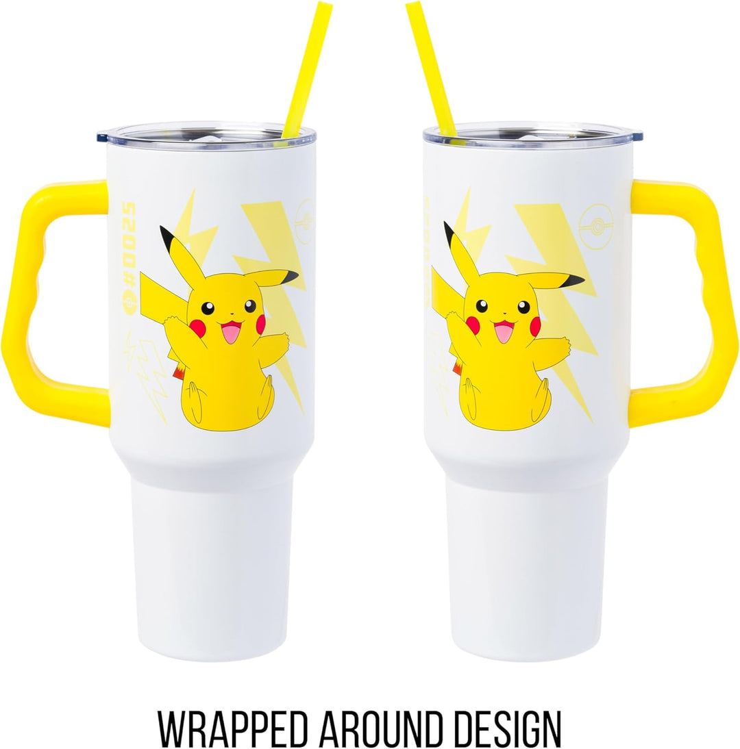 Pokemon Pikachu Stainless Steel Tumbler with Handle Fits in Standard Cup Holder 40 Ounces