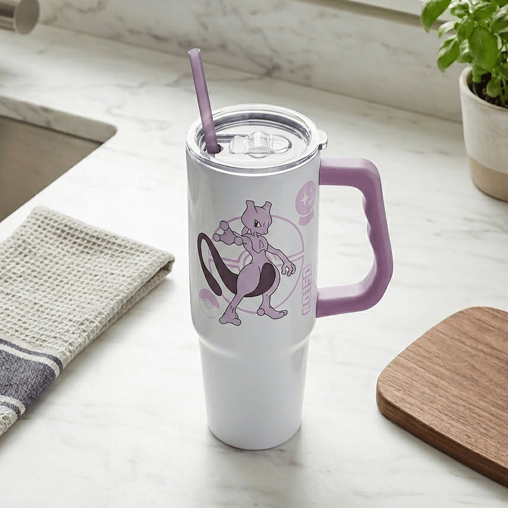 Silver Buffalo - Pokemon - Mewtwo - 30 oz Stainless Steel Tumbler with Handle & Straw