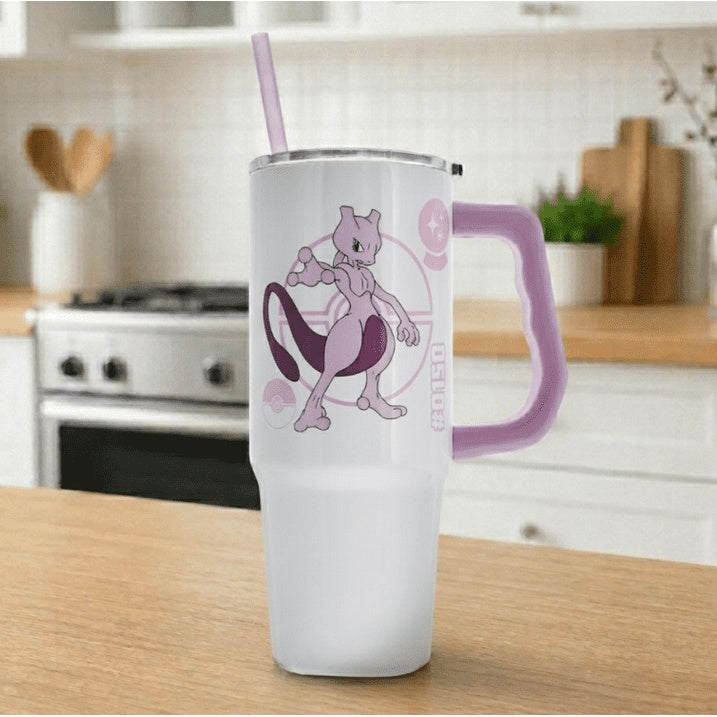 Silver Buffalo - Pokemon - Mewtwo - 30 oz Stainless Steel Tumbler with Handle & Straw