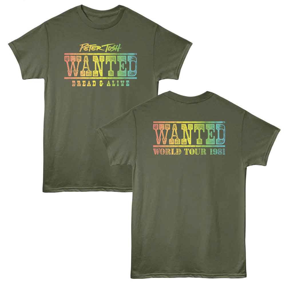 Peter Tosh - Wanted World Tour - 2-Sided Print Adult Short Sleeve Solid T-Shirt - Military Green