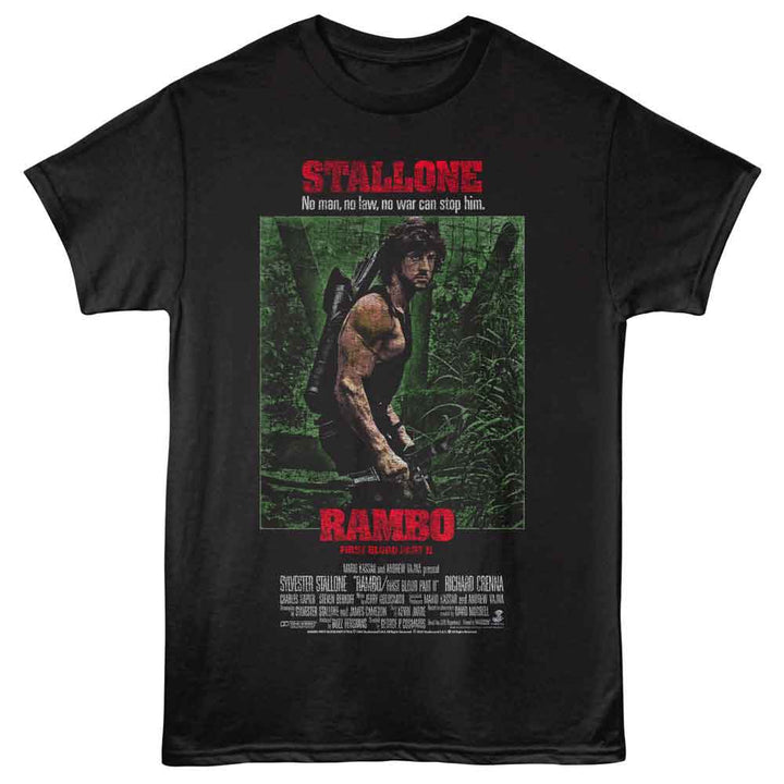 Rambo - First Blood Jungle Poster - Black - Front Print Solid Adult Unisex Short Sleeve T-Shirt
